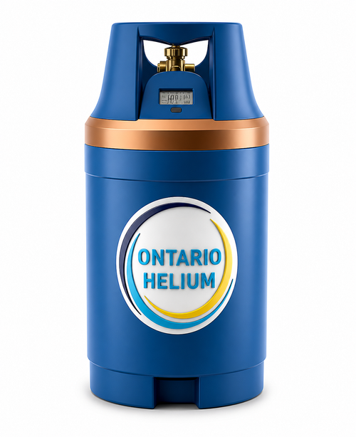 Blue helium tank with 'Ontario Helium' label on a white background